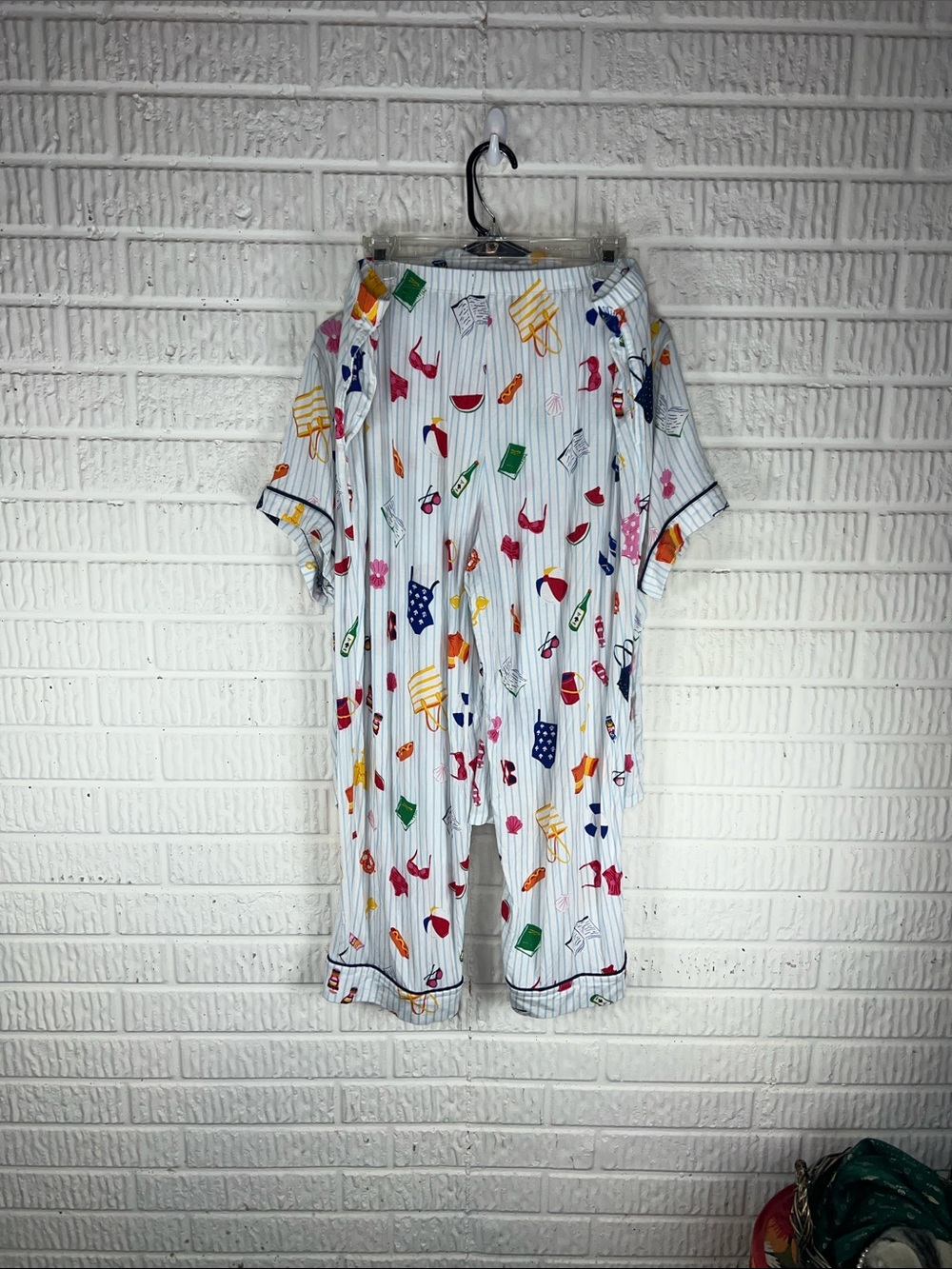 Kate Spade Striped Short Sleeve Pajama Set with Colorful Icons Beach theme - Picture 2 of 3